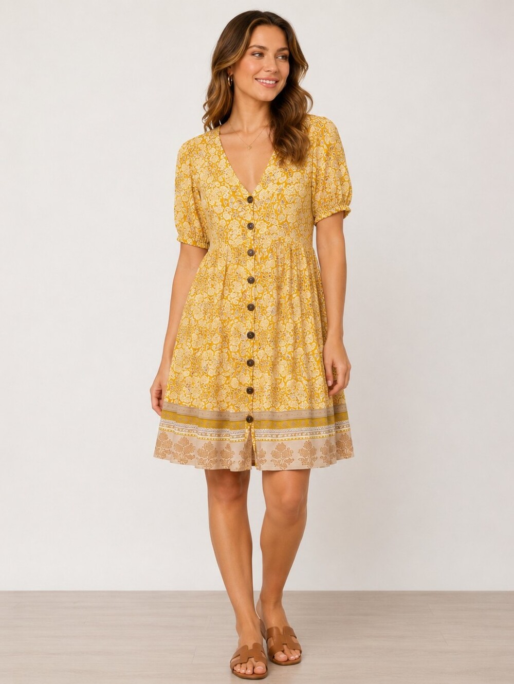 Kriitta Mustard Floral Button Front Boho Dress Small A-297